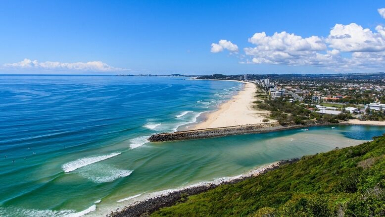 Aerial view of Burleigh Head National Park and Tallebudgera Creek—offering scenic coastal tracks among the best hikes Gold Coast has to offer.