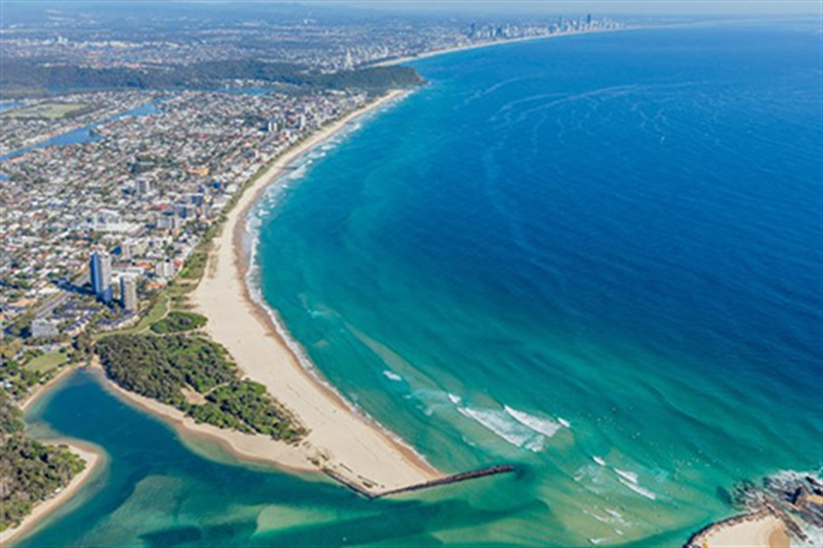 Aerial view of Palm Beach and the creek mouth on the southern Gold Coast