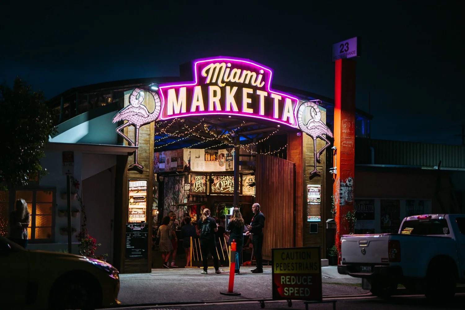 Undercover Miami Marketta street food market lit up at night near Palm Beach